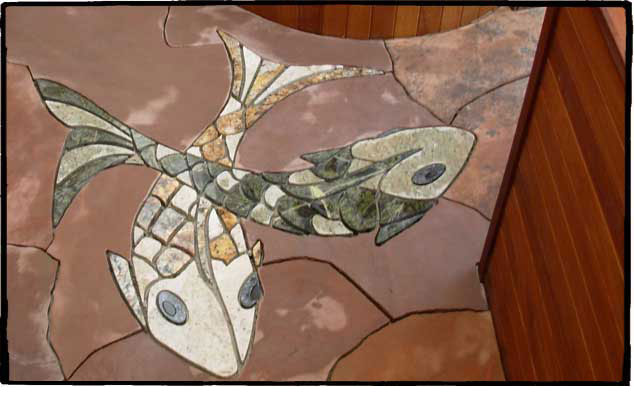 Stone Fish Mosaic, Sandstone and Granite; Designed by and built with Chevo Studios